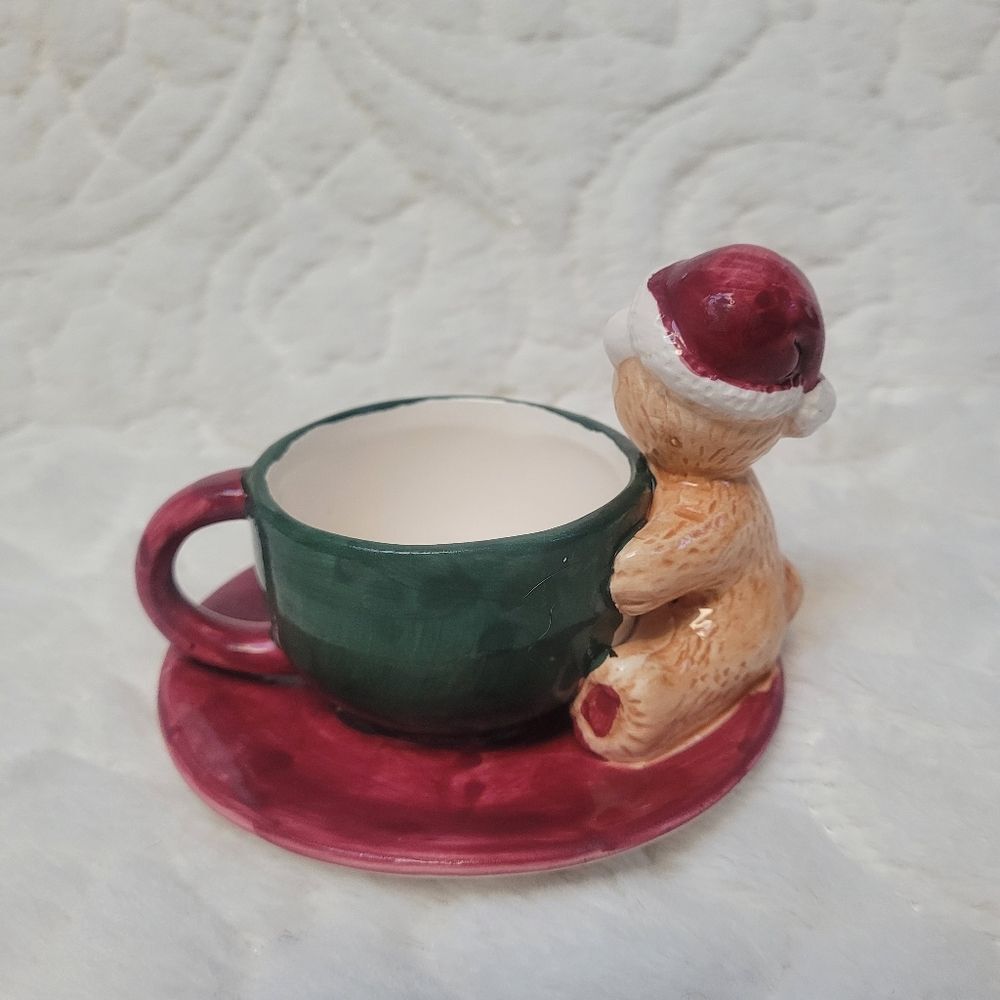 Vintage Christmas Santa Bear Cup Saucer Figurine 1 Piece Sherwood Brands RI R2 - Picture 3 of 6